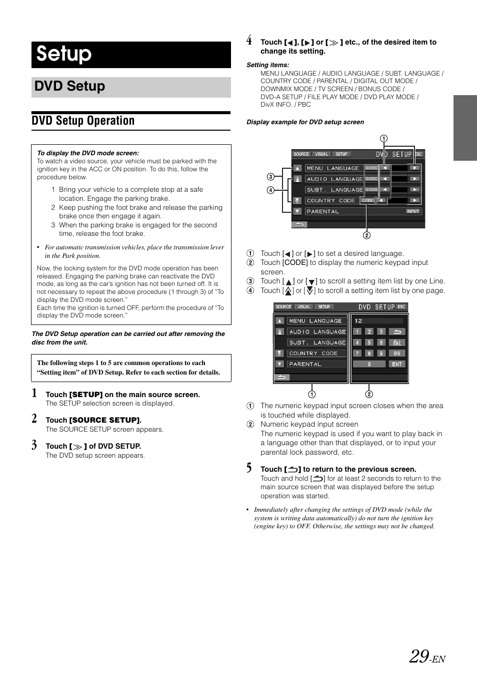 Setup, Dvd setup, Dvd setup operation | Alpine IVA-W505 User Manual | Page 31 / 284