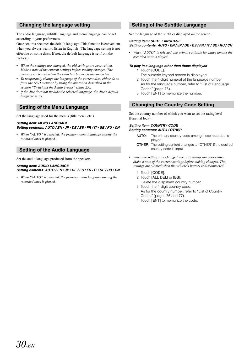 Changing the language setting, Setting of the menu language, Setting of the audio language | Setting of the subtitle language, Changing the country code setting | Alpine IVA-W505 User Manual | Page 32 / 284