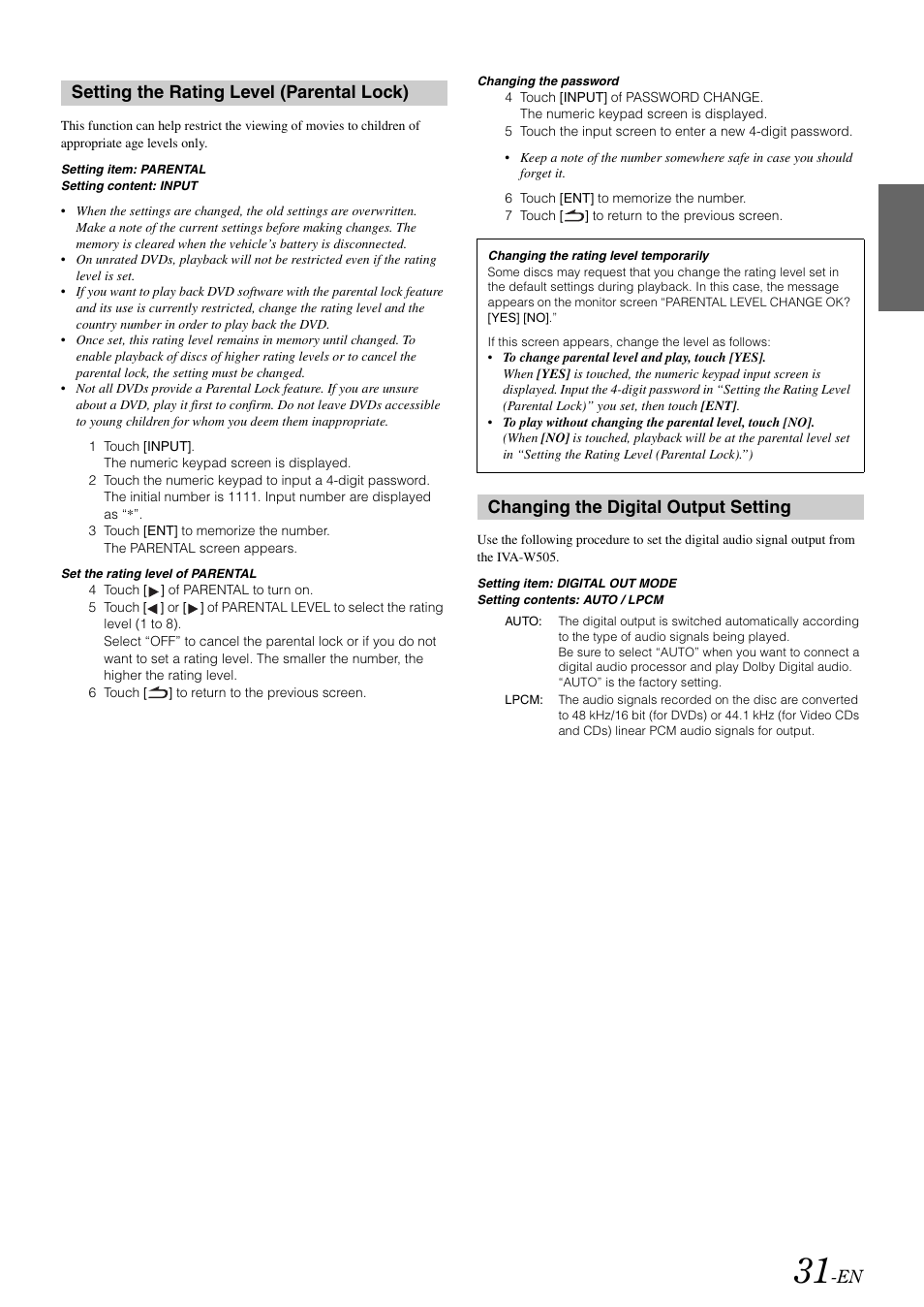 Setting the rating level (parental lock), Changing the digital output setting | Alpine IVA-W505 User Manual | Page 33 / 284