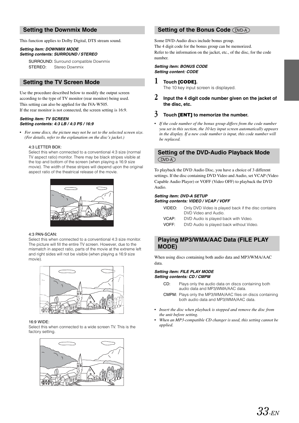 Setting the downmix mode, Setting the tv screen mode, Setting of the bonus code | Setting of the dvd-audio playback mode, Playing mp3/wma/aac data (file play mode), Mode, Playing mp3/wma/aac data, File play mode) | Alpine IVA-W505 User Manual | Page 35 / 284