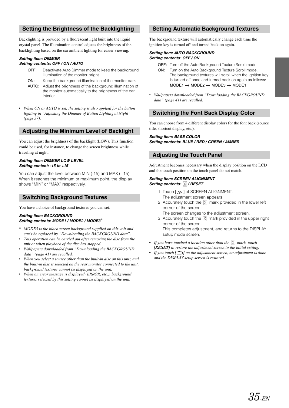 Setting the brightness of the backlighting, Adjusting the minimum level of backlight, Switching background textures | Setting automatic background textures, Switching the font back display color, Adjusting the touch panel, Setting the brightness of the, Backlighting, Adjusting the minimum level of, Backlight | Alpine IVA-W505 User Manual | Page 37 / 284