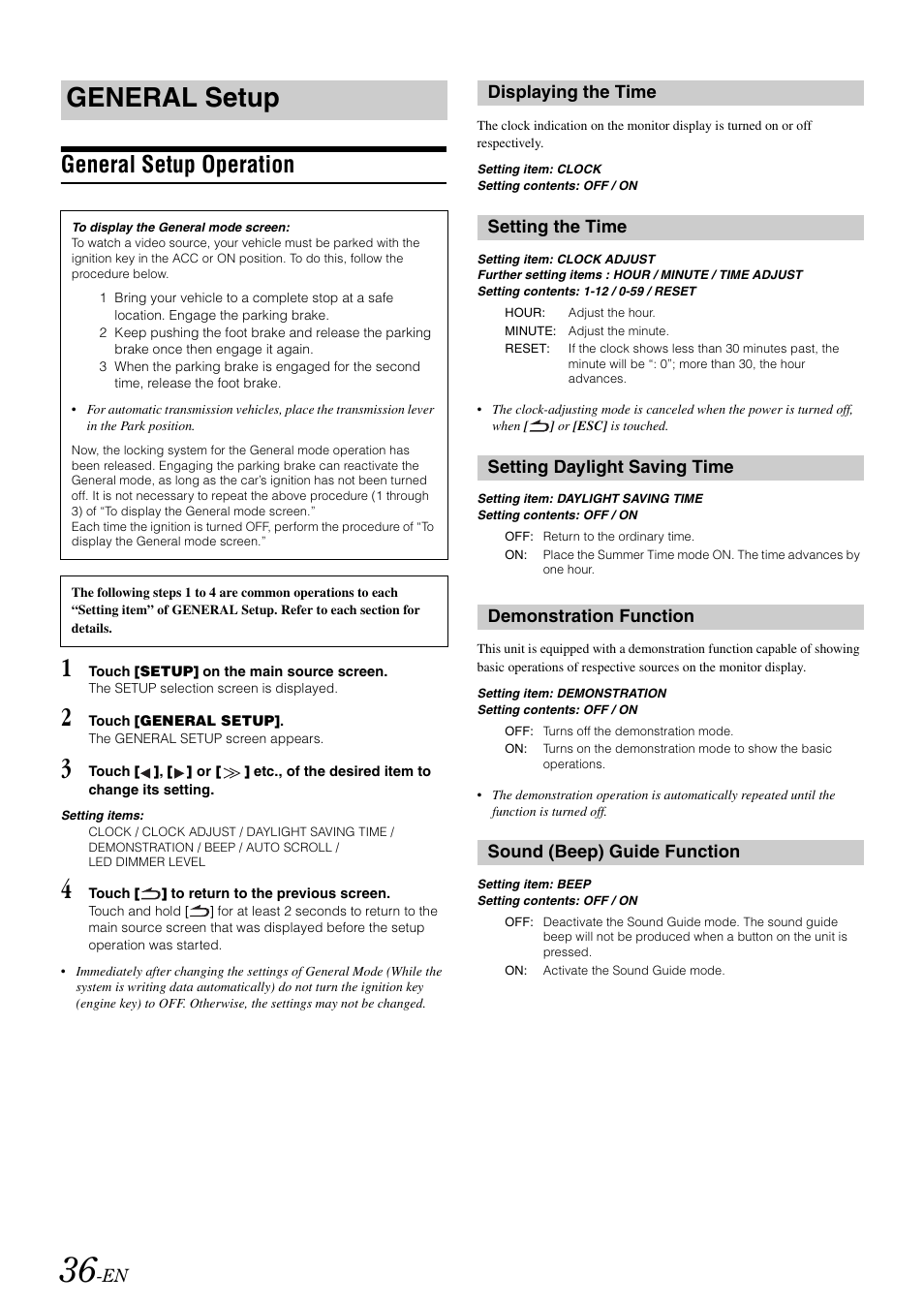 General setup, General setup operation, Displaying the time | Setting the time, Setting daylight saving time, Demonstration function, Sound (beep) guide function, Displaying the time setting the time | Alpine IVA-W505 User Manual | Page 38 / 284