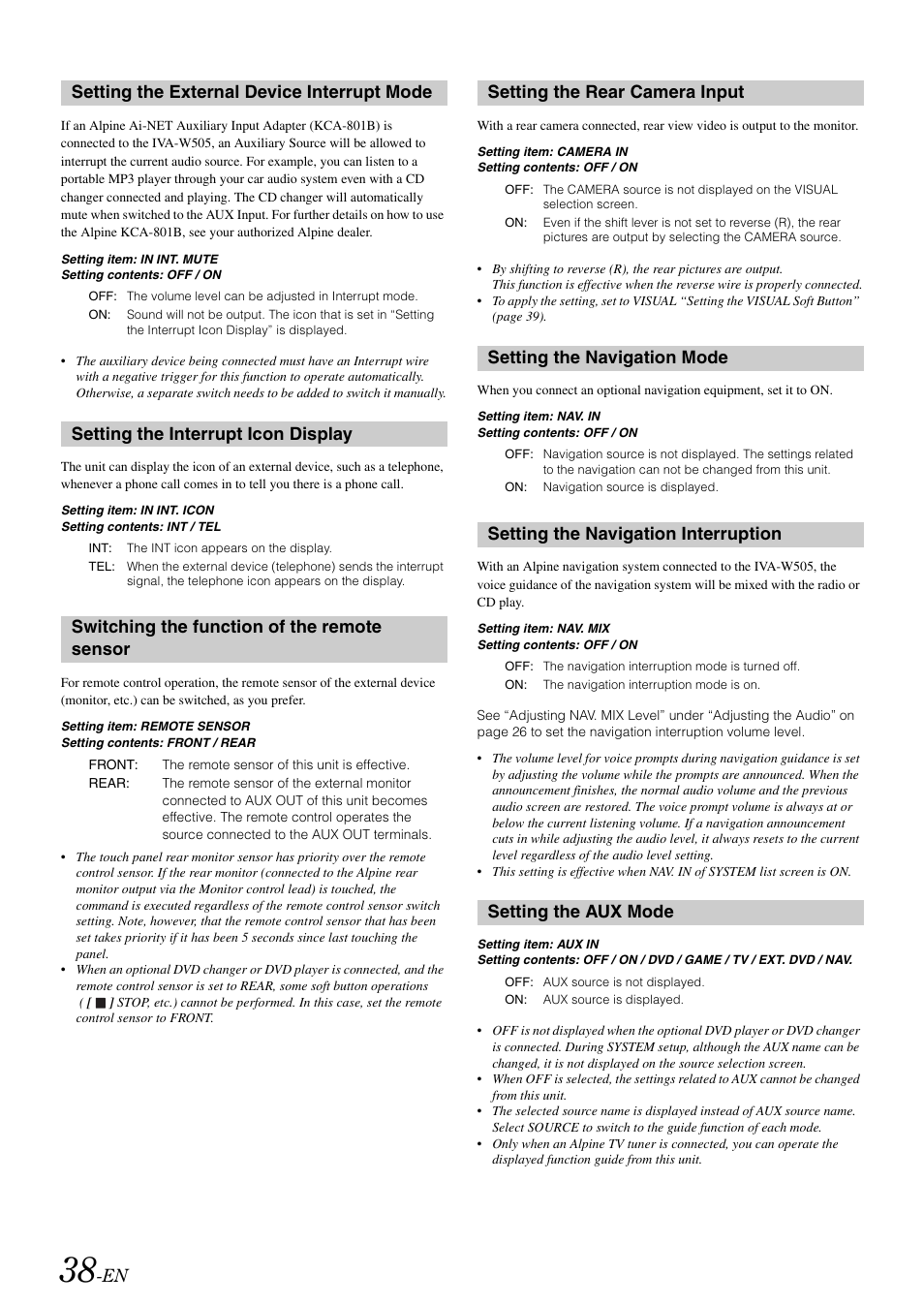 Setting the external device interrupt mode, Setting the interrupt icon display, Switching the function of the remote sensor | Setting the rear camera input, Setting the navigation mode, Setting the navigation interruption, Setting the aux mode, Setting the external device interrupt, Mode, Sensor | Alpine IVA-W505 User Manual | Page 40 / 284