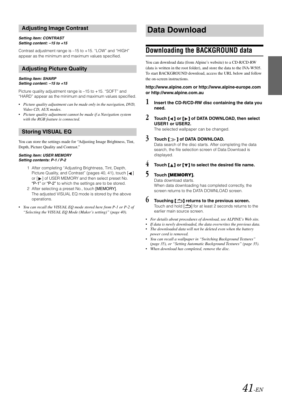 Adjusting image contrast, Adjusting picture quality, Storing visual eq | Data download, Downloading the background data | Alpine IVA-W505 User Manual | Page 43 / 284