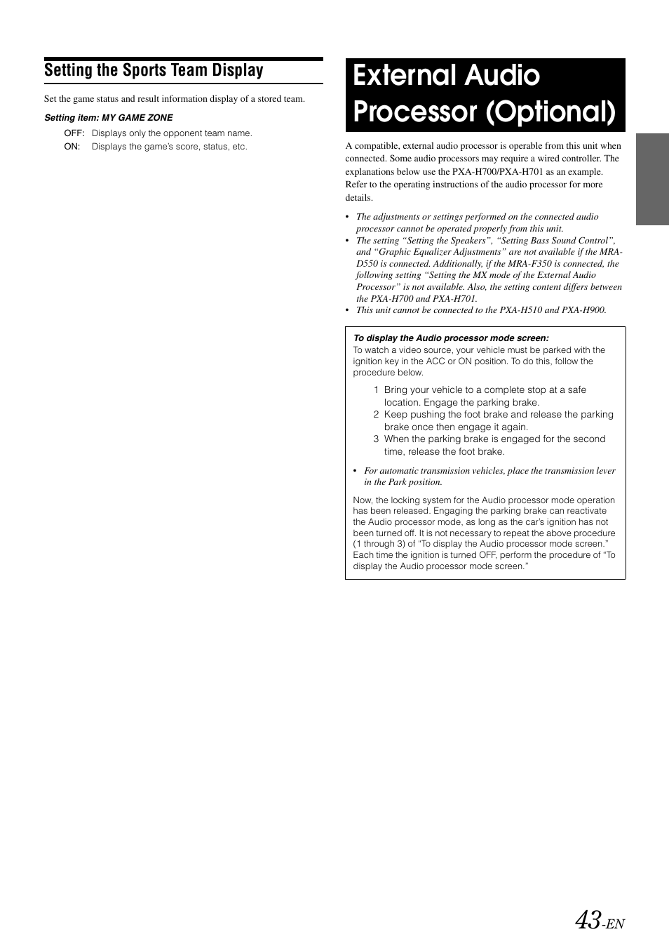 Setting the sports team display, External audio processor (optional) | Alpine IVA-W505 User Manual | Page 45 / 284