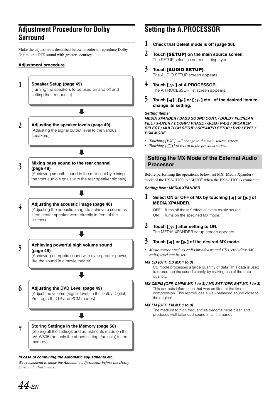 Adjustment procedure for dolby surround, Setting the a.processor | Alpine IVA-W505 User Manual | Page 46 / 284