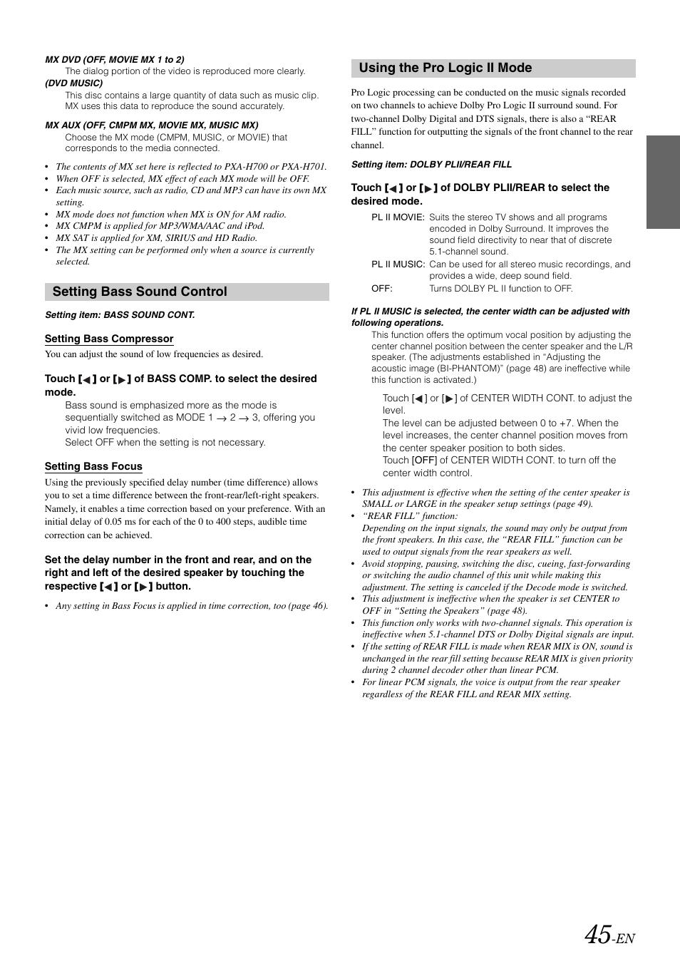 Setting bass sound control, Using the pro logic ii mode | Alpine IVA-W505 User Manual | Page 47 / 284