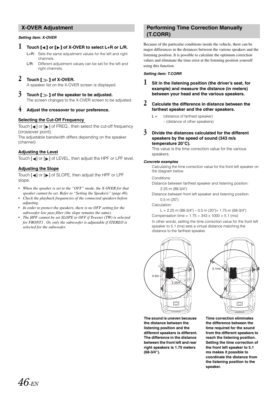 X-over adjustment, Performing time correction manually (t.corr) | Alpine IVA-W505 User Manual | Page 48 / 284