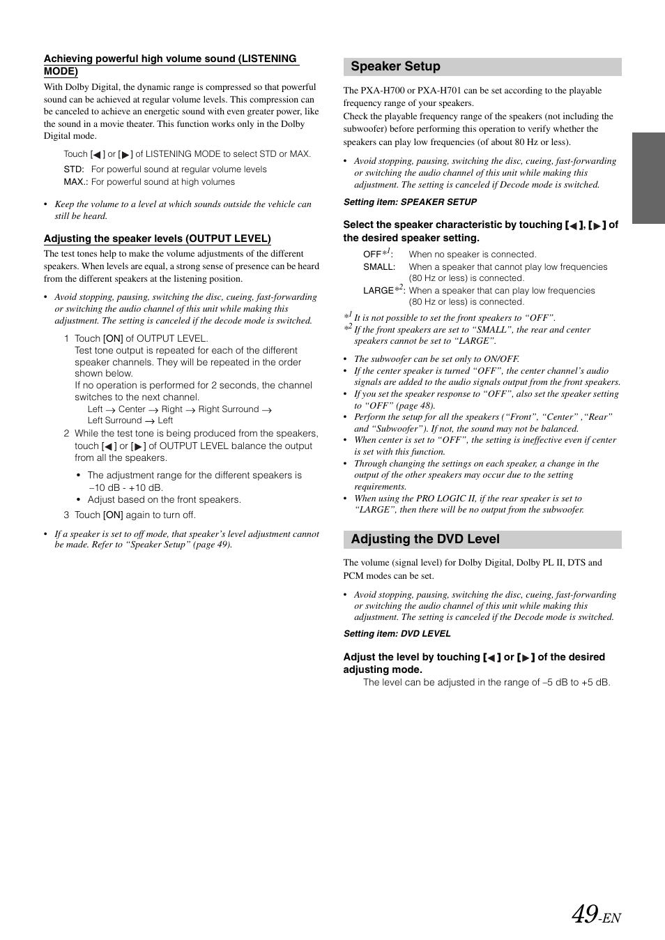 Speaker setup, Adjusting the dvd level | Alpine IVA-W505 User Manual | Page 51 / 284