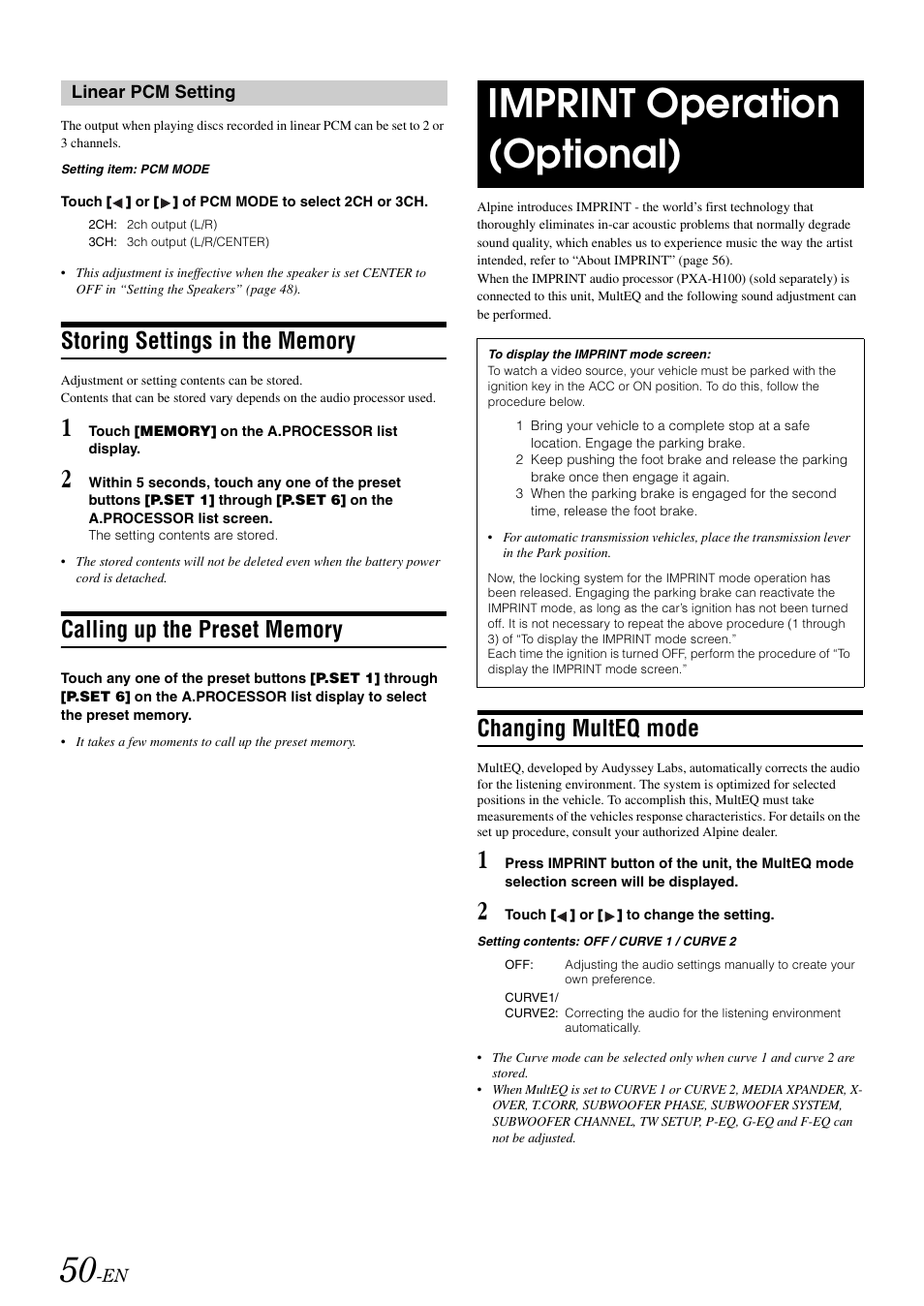 Linear pcm setting, Storing settings in the memory, Calling up the preset memory | Imprint operation (optional), Changing multeq mode | Alpine IVA-W505 User Manual | Page 52 / 284