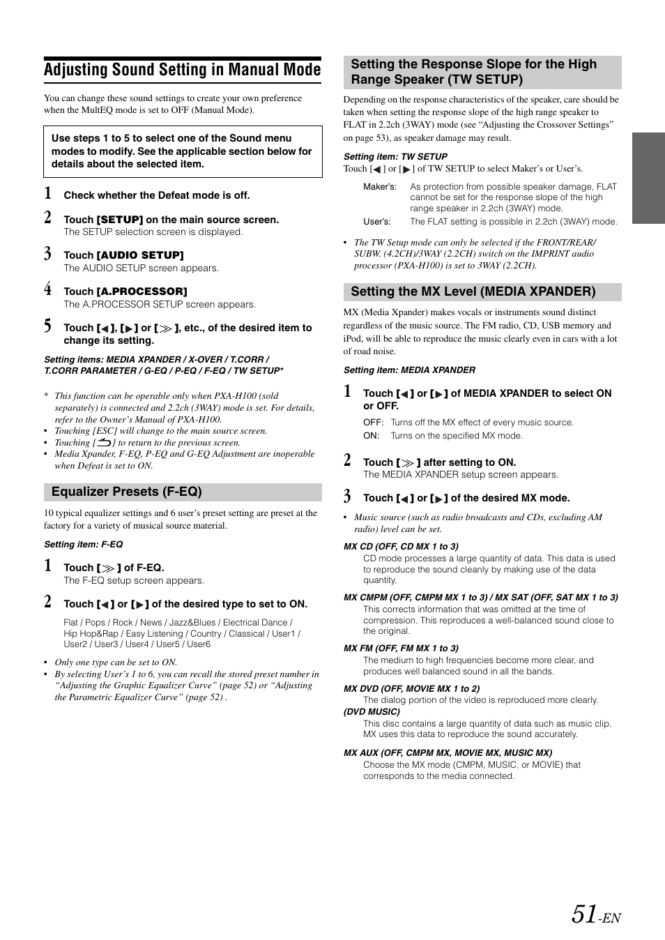 Adjusting sound setting in manual mode, Equalizer presets (f-eq), Setting the mx level (media xpander) | Speaker (tw setup), Setting the mx level, Media xpander) | Alpine IVA-W505 User Manual | Page 53 / 284