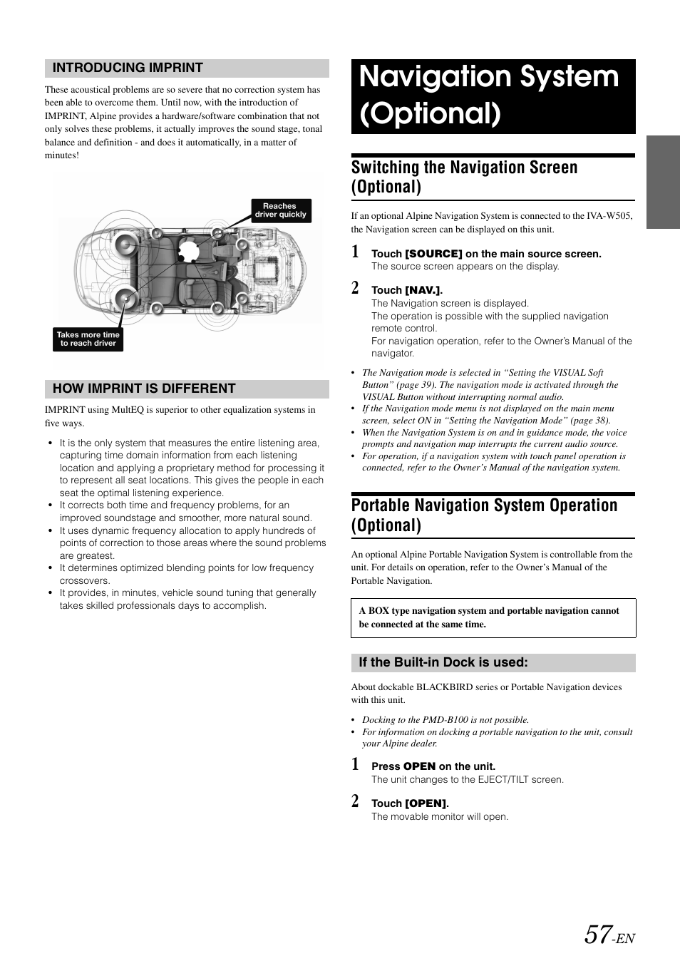 Introducing imprint, How imprint is different, Navigation system (optional) | Switching the navigation screen (optional), Portable navigation system operation (optional), If the built-in dock is used, Switching the navigation screen, Optional), Portable navigation system operation | Alpine IVA-W505 User Manual | Page 59 / 284