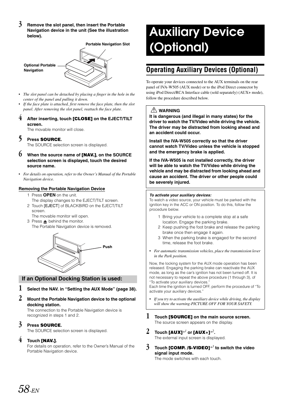 If an optional docking station is used, Auxiliary device (optional), Operating auxiliary devices (optional) | Alpine IVA-W505 User Manual | Page 60 / 284