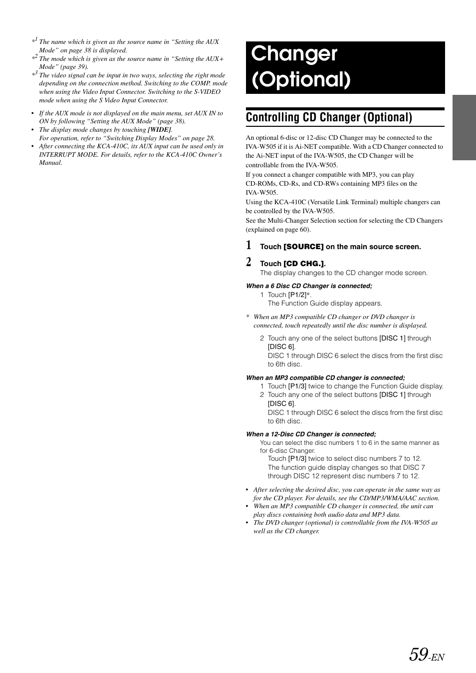 Changer (optional), Controlling cd changer (optional) | Alpine IVA-W505 User Manual | Page 61 / 284