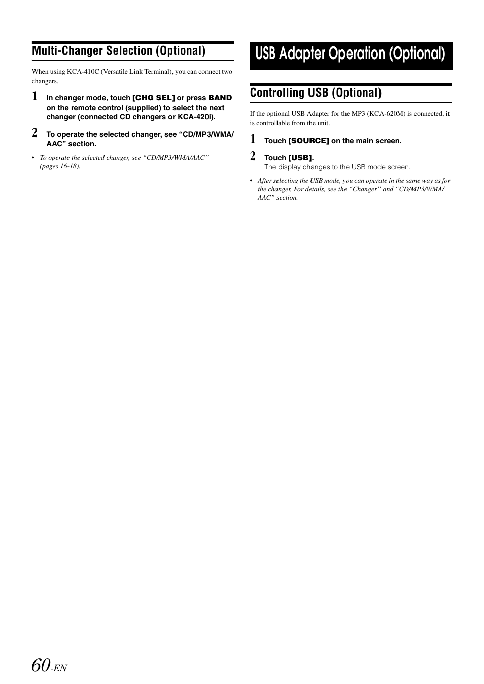 Multi-changer selection (optional), Usb adapter operation (optional), Controlling usb (optional) | Alpine IVA-W505 User Manual | Page 62 / 284