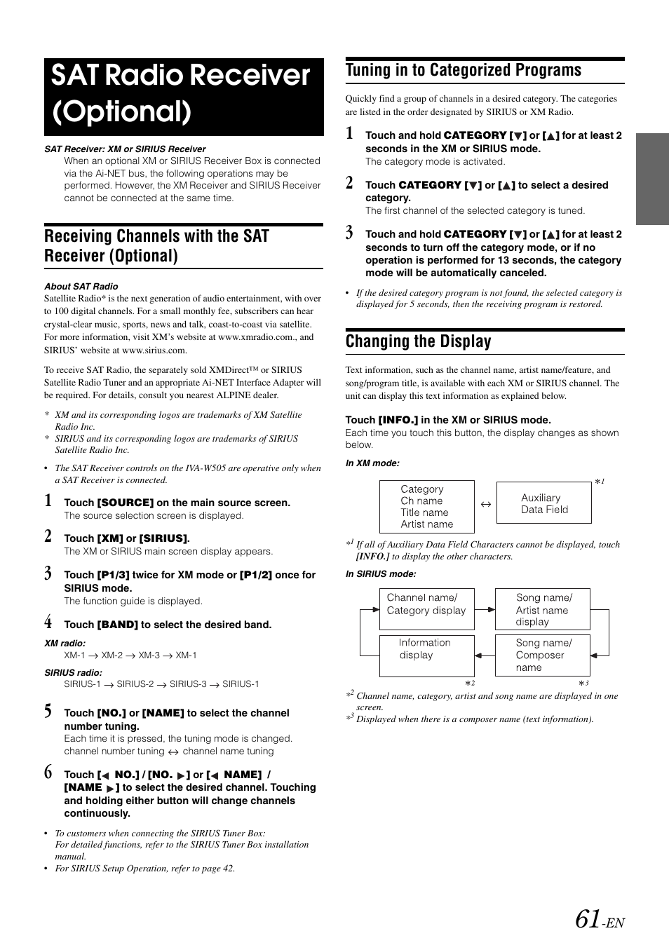 Sat radio receiver (optional), Tuning in to categorized programs, Changing the display | Receiving channels with the sat receiver, Optional) | Alpine IVA-W505 User Manual | Page 63 / 284