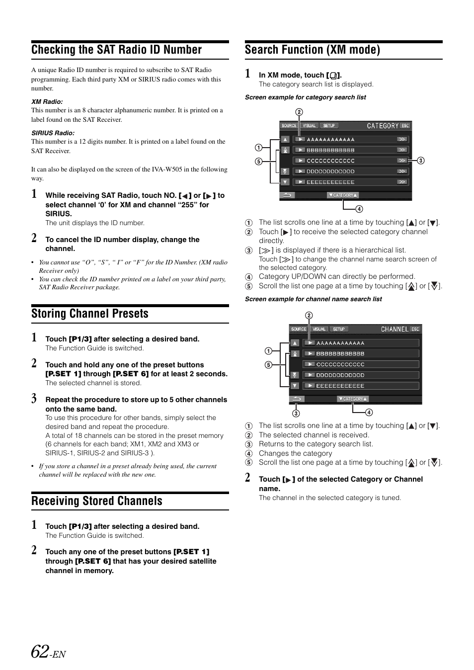 Checking the sat radio id number, Storing channel presets, Receiving stored channels | Search function (xm mode) | Alpine IVA-W505 User Manual | Page 64 / 284