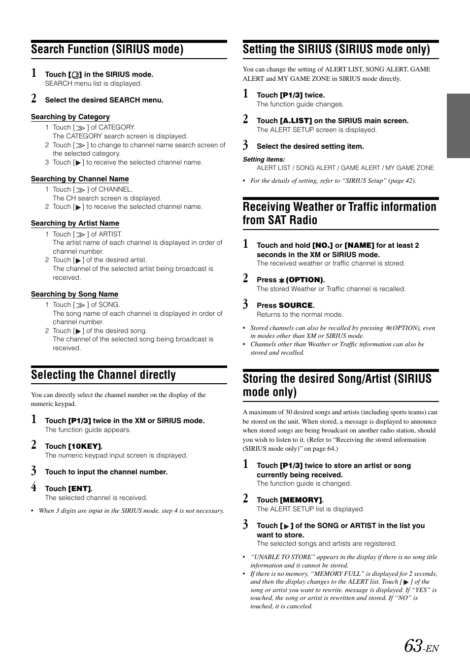Search function (sirius mode), Selecting the channel directly, Setting the sirius (sirius mode only) | Storing the desired song/artist (sirius mode only), Receiving weather or traffic information from, Sat radio, Storing the desired song/artist, Sirius mode only) | Alpine IVA-W505 User Manual | Page 65 / 284