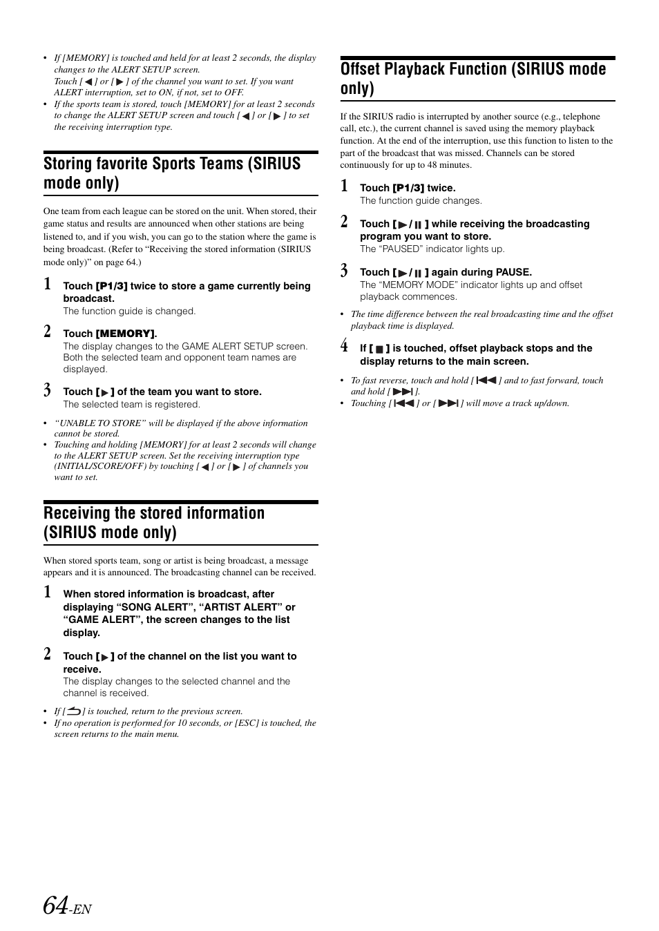 Storing favorite sports teams (sirius mode only), Offset playback function (sirius mode only), Storing favorite sports teams | Sirius mode only), Receiving the stored information, Offset playback function | Alpine IVA-W505 User Manual | Page 66 / 284