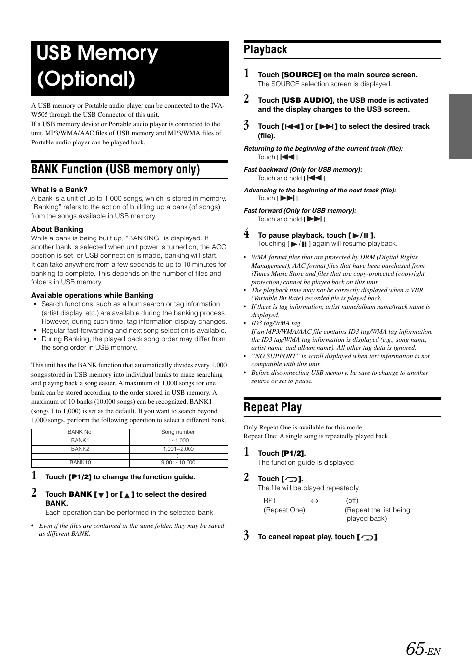 Usb memory (optional), Bank function (usb memory only), Playback | Repeat play | Alpine IVA-W505 User Manual | Page 67 / 284