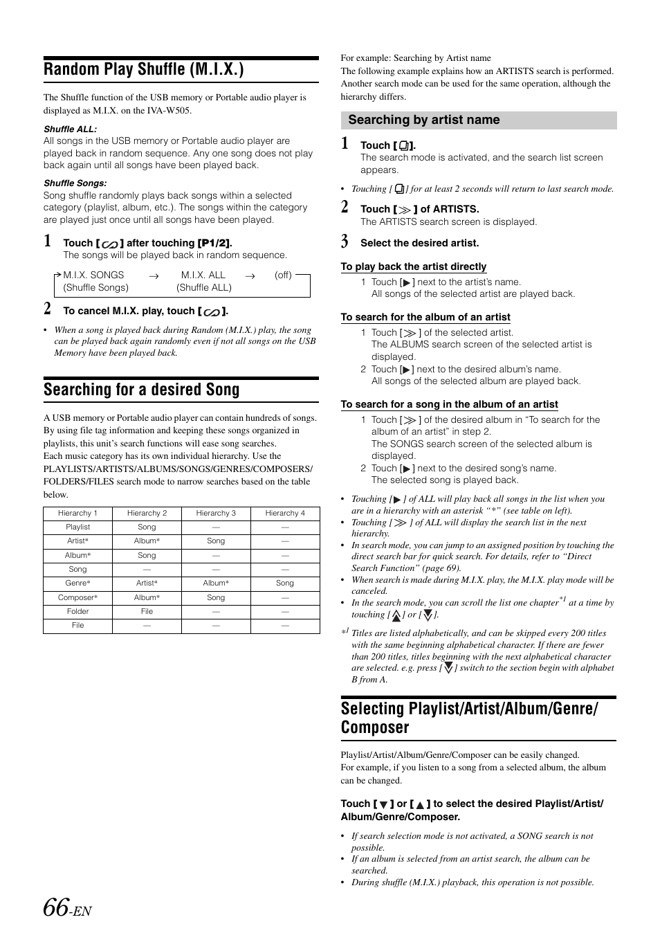 Random play shuffle (m.i.x.), Searching for a desired song, Searching by artist name | Selecting playlist/artist/album/genre/ composer, Selecting playlist/artist/album/genre, Composer | Alpine IVA-W505 User Manual | Page 68 / 284