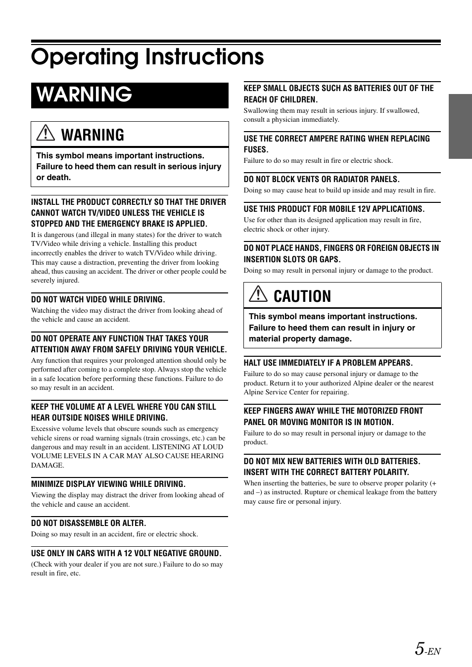 Operating instructions, Warning, Caution | Alpine IVA-W505 User Manual | Page 7 / 284