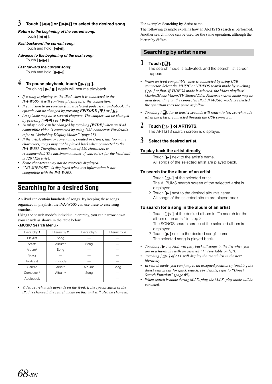 Searching for a desired song, Searching by artist name | Alpine IVA-W505 User Manual | Page 70 / 284