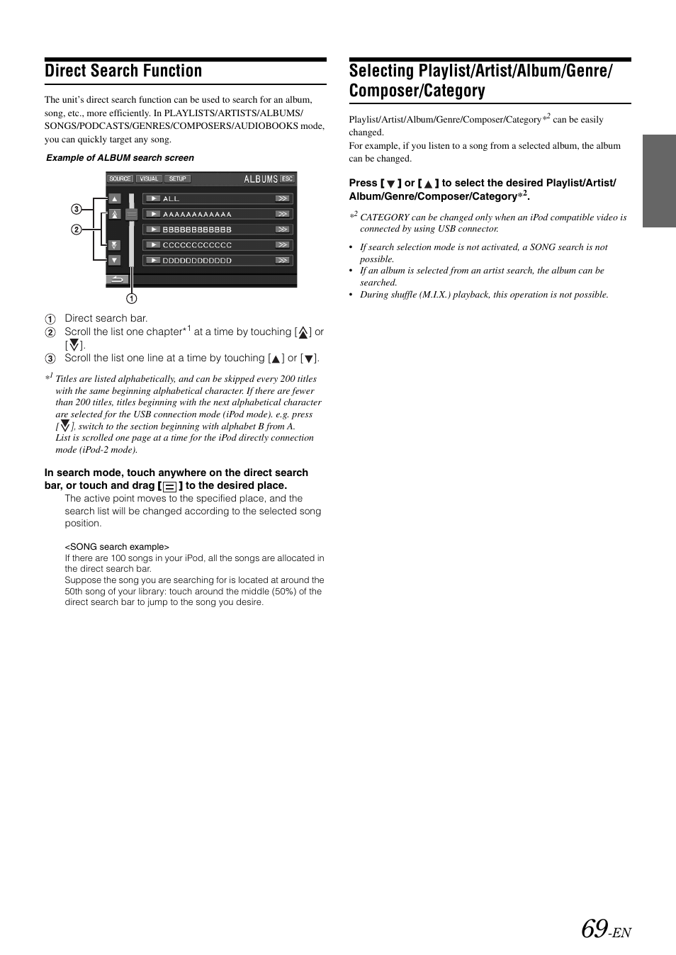 Direct search function, Selecting playlist/artist/album/genre/composer, Category | Alpine IVA-W505 User Manual | Page 71 / 284