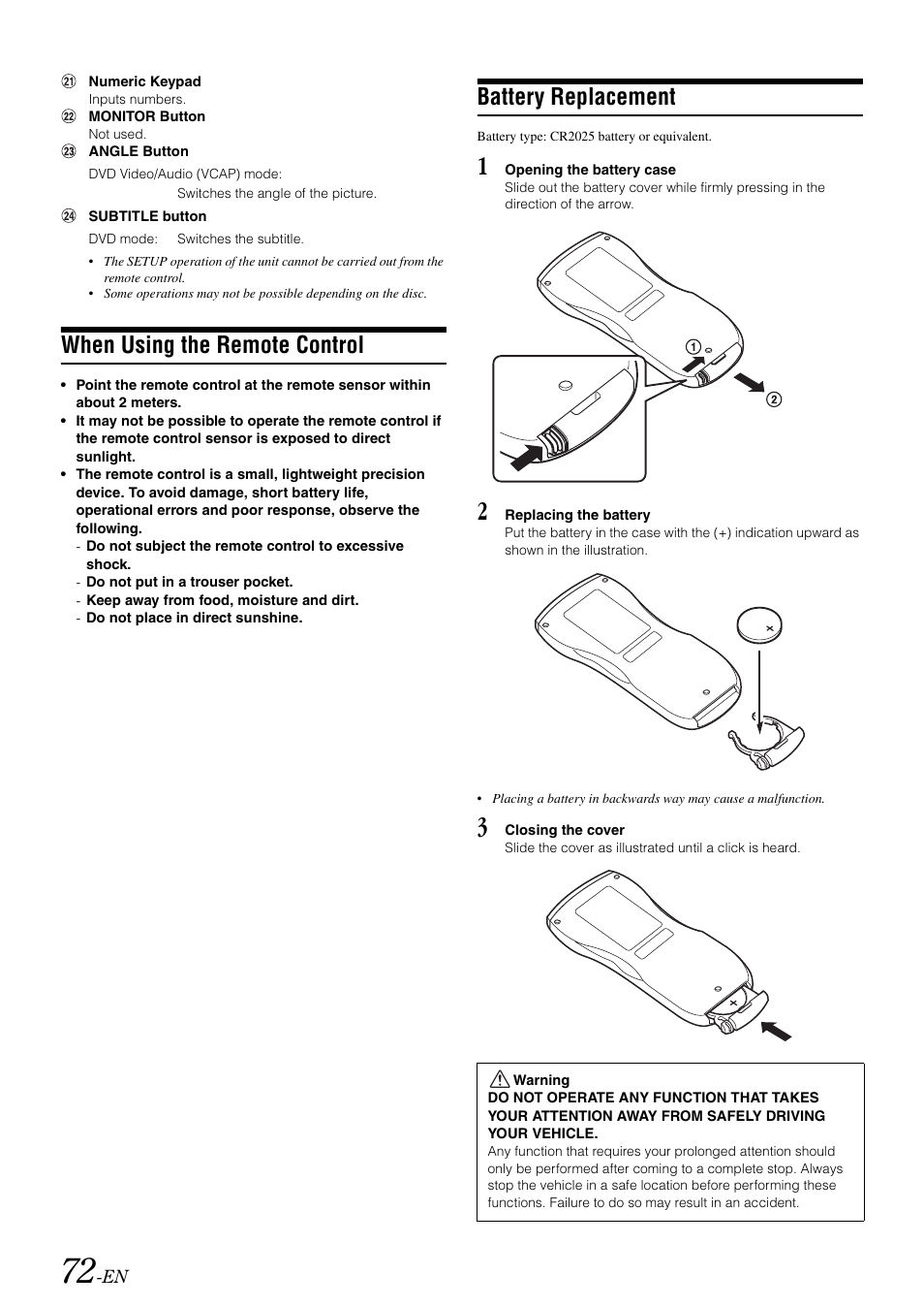 When using the remote control, Battery replacement | Alpine IVA-W505 User Manual | Page 74 / 284