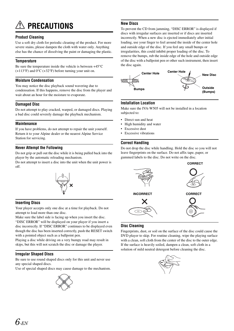 Precautions | Alpine IVA-W505 User Manual | Page 8 / 284