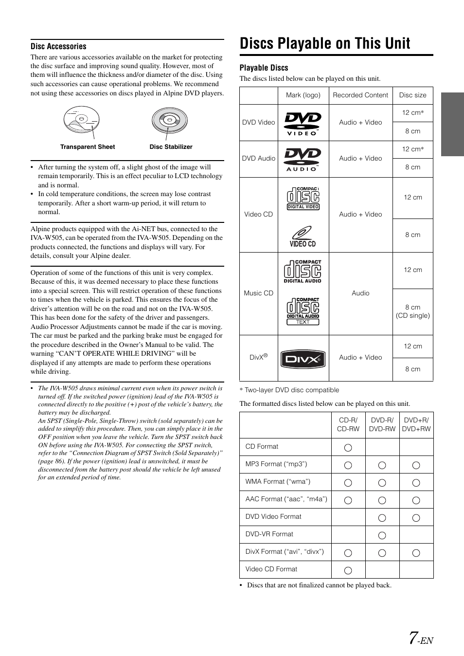 Discs playable on this unit | Alpine IVA-W505 User Manual | Page 9 / 284