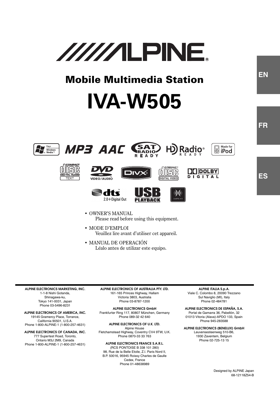 Iva-w505, Mobile multimedia station, En fr es | Alpine IVA-W505 User Manual | Page 96 / 284