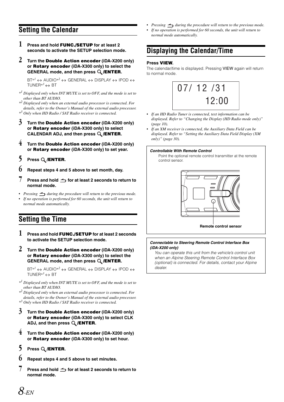 Setting the calendar, Setting the time, Displaying the calendar/time | Alpine IDA-X300 User Manual | Page 10 / 146