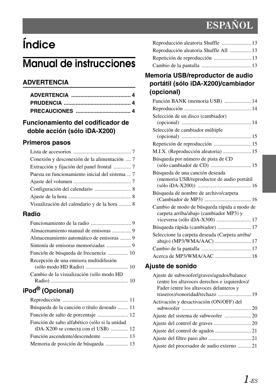 Índice manual de instrucciones, Español | Alpine IDA-X300 User Manual | Page 101 / 146