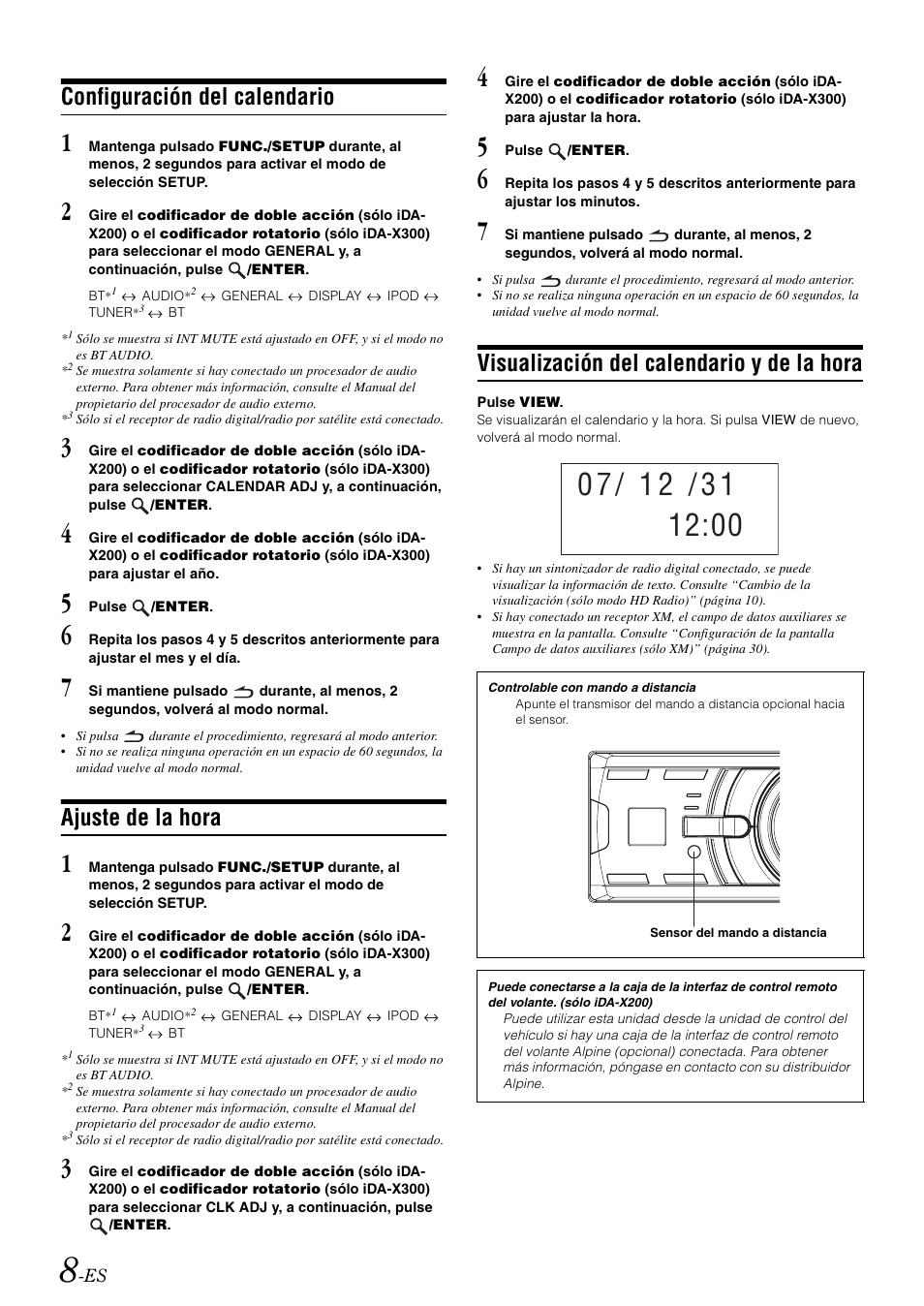 Configuración del calendario, Ajuste de la hora, Visualización del calendario y de la hora | Alpine IDA-X300 User Manual | Page 108 / 146
