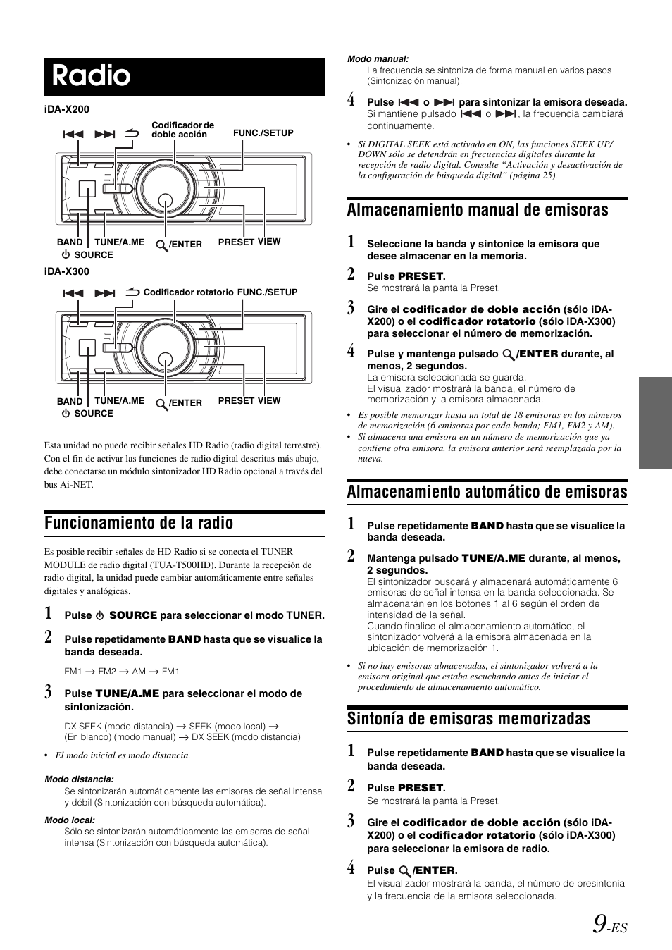 Radio, Funcionamiento de la radio, Almacenamiento manual de emisoras | Almacenamiento automático de emisoras, Sintonía de emisoras memorizadas | Alpine IDA-X300 User Manual | Page 109 / 146