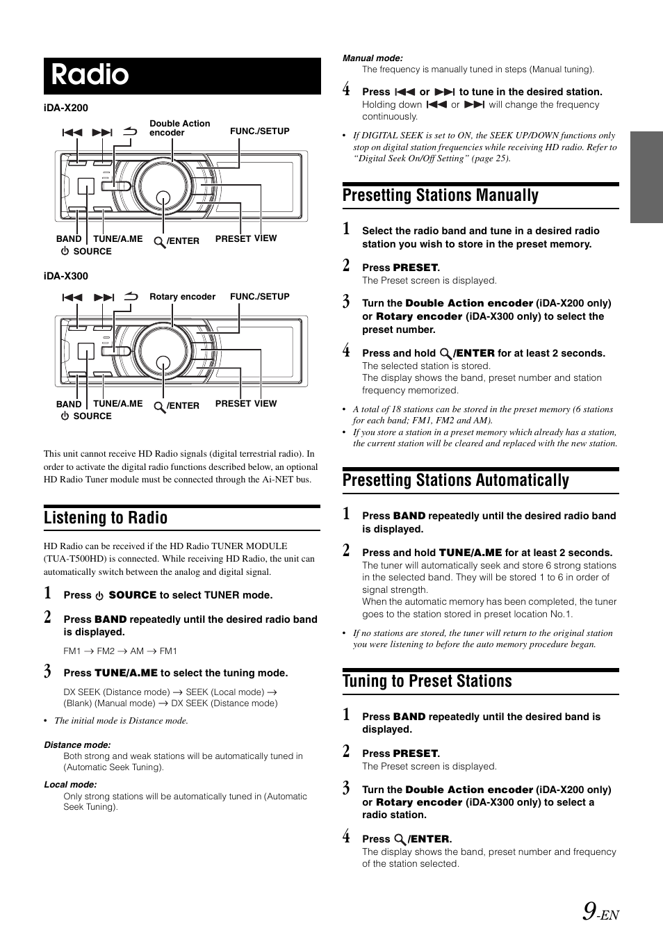 Radio, Listening to radio, Presetting stations manually | Presetting stations automatically, Tuning to preset stations | Alpine IDA-X300 User Manual | Page 11 / 146
