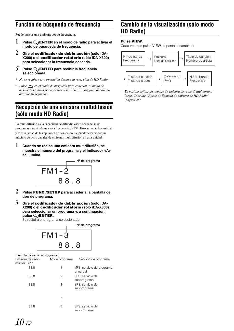 Función de búsqueda de frecuencia, Cambio de la visualización (sólo modo hd radio), Recepción de una emisora multidifusión | Sólo modo hd radio), Cambio de la visualización (sólo modo hd, Radio) | Alpine IDA-X300 User Manual | Page 110 / 146