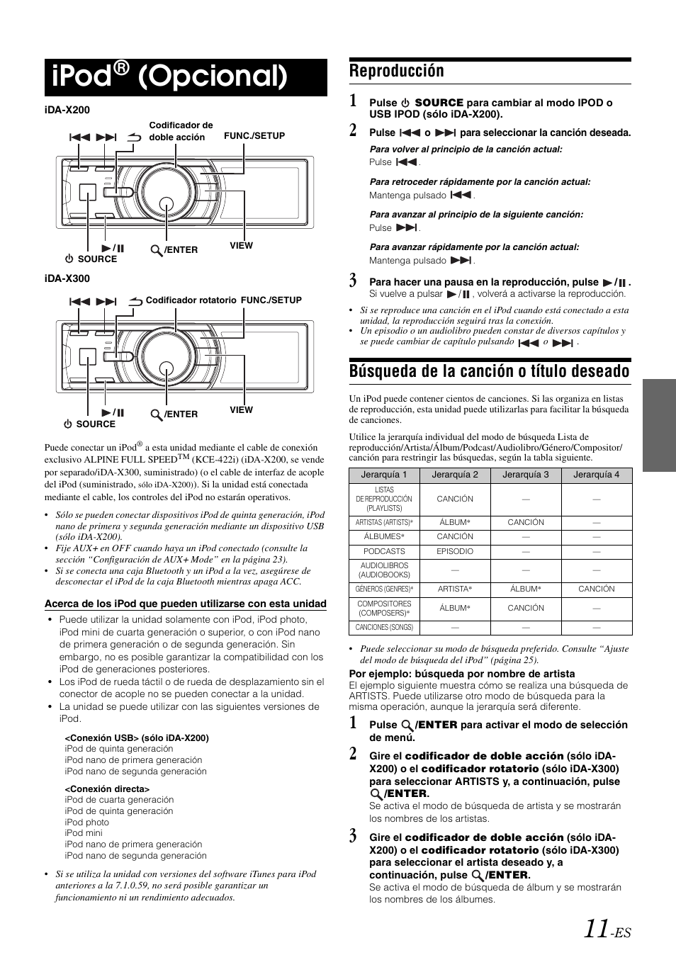 Ipod® (opcional), Reproducción, Búsqueda de la canción o título deseado | Ipod, Opcional) | Alpine IDA-X300 User Manual | Page 111 / 146