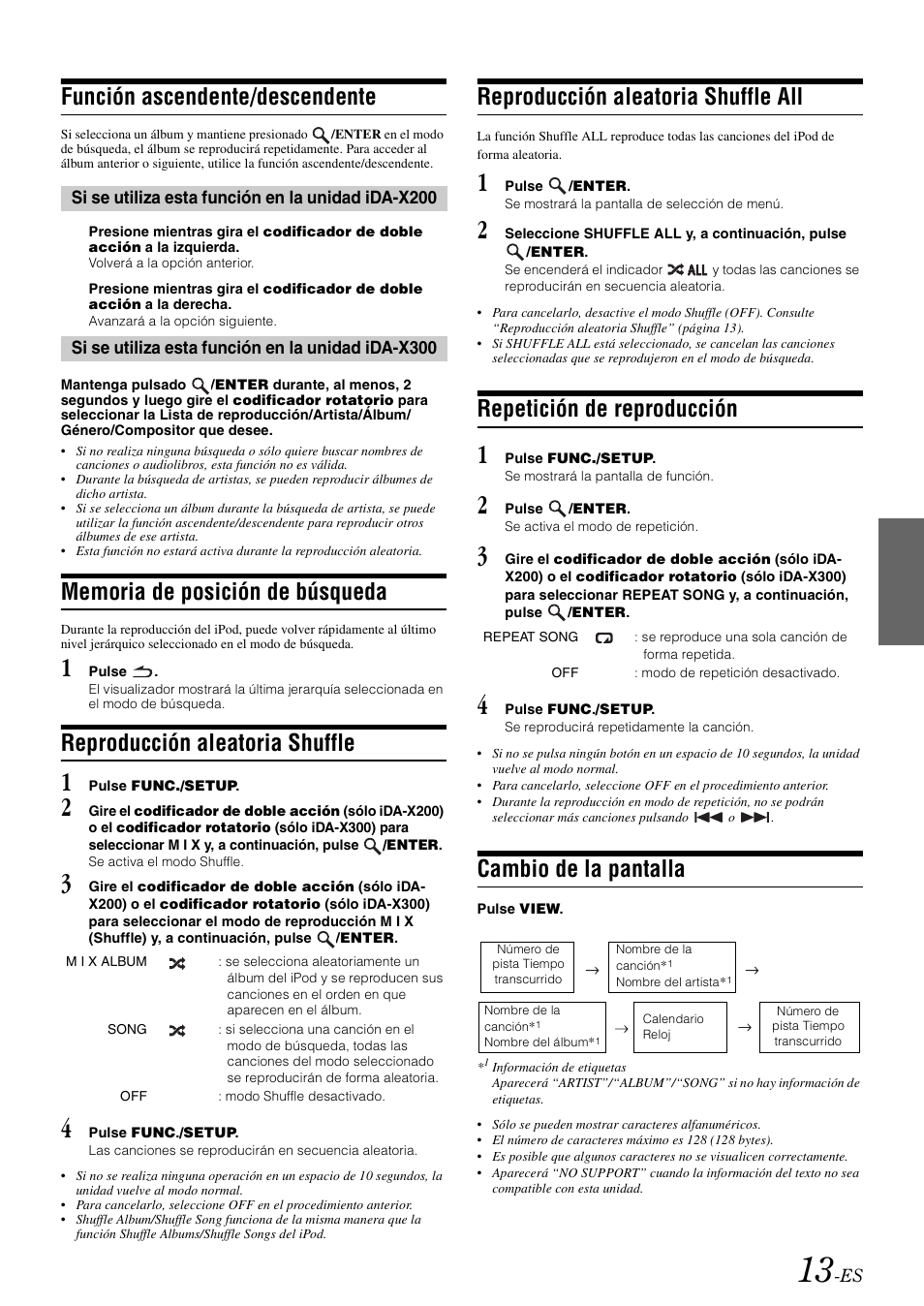 Función ascendente/descendente, Memoria de posición de búsqueda, Reproducción aleatoria shuffle | Reproducción aleatoria shuffle all, Repetición de reproducción, Cambio de la pantalla | Alpine IDA-X300 User Manual | Page 113 / 146