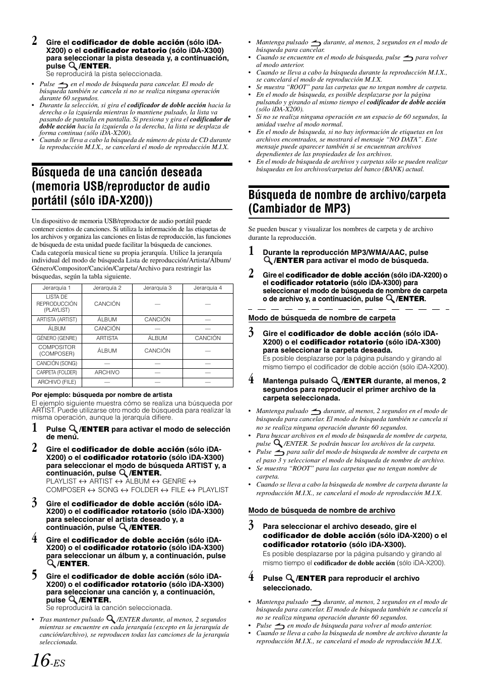 Búsqueda de una canción deseada, Memoria usb/reproductor de audio portátil, Sólo ida-x200)) | Búsqueda de nombre de archivo/carpeta, Cambiador de mp3) | Alpine IDA-X300 User Manual | Page 116 / 146