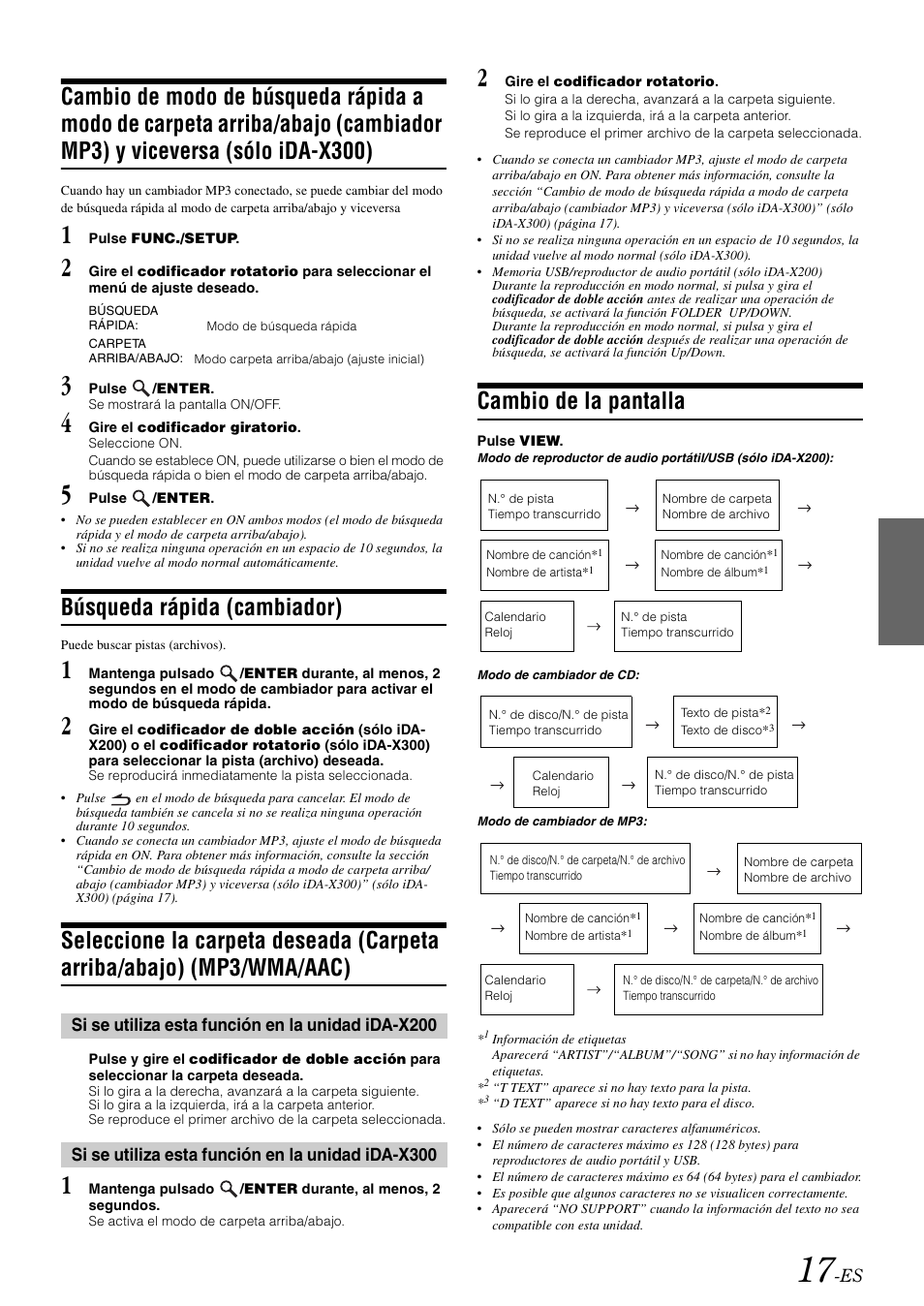 Búsqueda rápida (cambiador), Cambio de la pantalla, Cambio de modo de búsqueda rápida a modo de | Seleccione la carpeta deseada (carpeta arriba, Abajo) (mp3/wma/aac) | Alpine IDA-X300 User Manual | Page 117 / 146