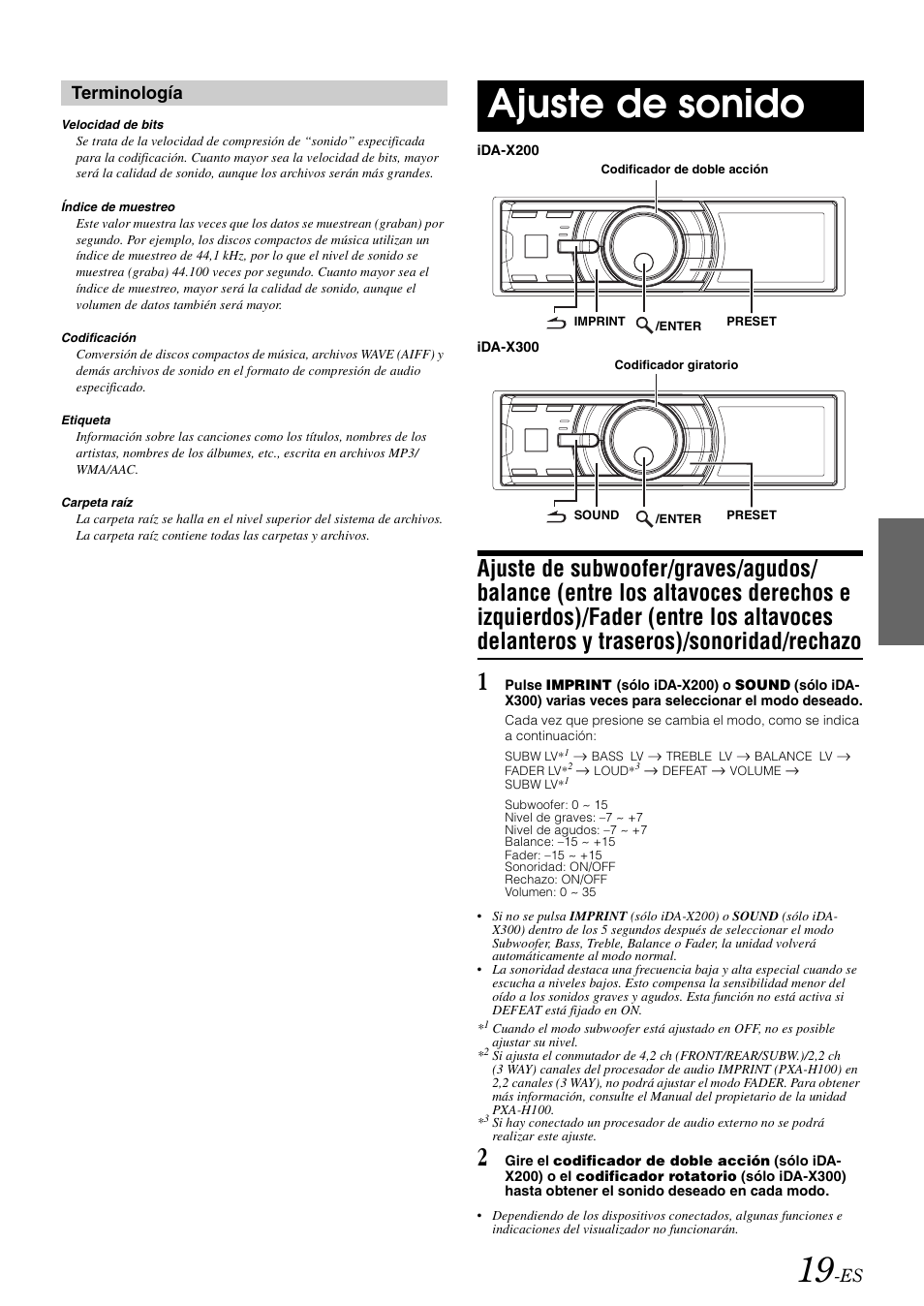 Ajuste de sonido, Ajuste de subwoofer/graves/agudos/balance, Terminología | Alpine IDA-X300 User Manual | Page 119 / 146