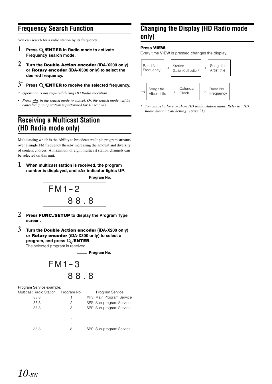Frequency search function, Receiving a multicast station (hd radio mode only), Changing the display (hd radio mode only) | Receiving a multicast station, Hd radio mode only), Changing the display | Alpine IDA-X300 User Manual | Page 12 / 146