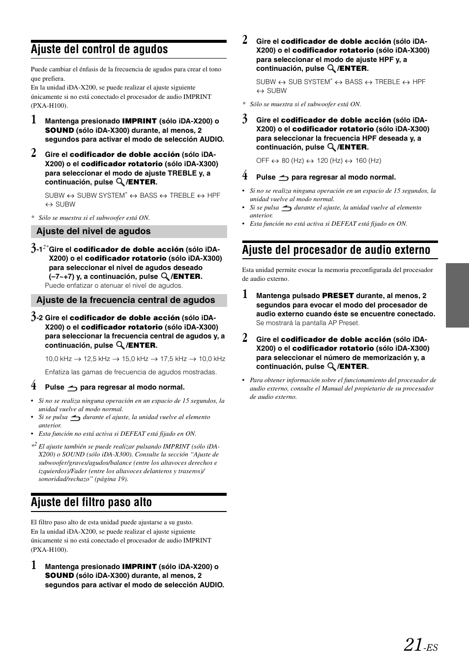 Ajuste del control de agudos, Ajuste del filtro paso alto, Ajuste del procesador de audio externo | Alpine IDA-X300 User Manual | Page 121 / 146