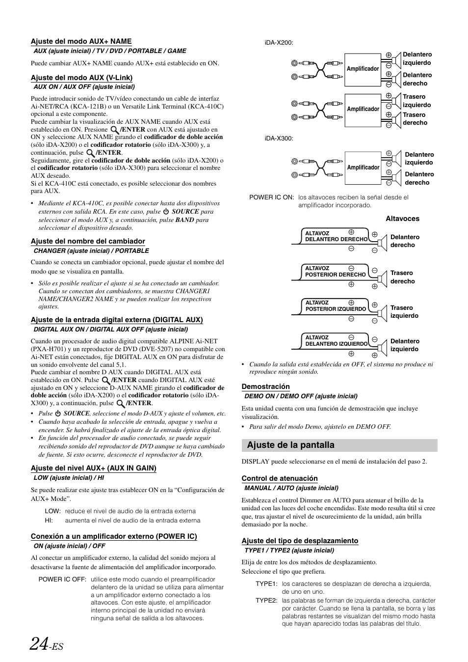 Ajuste del modo aux+ name, Ajuste del modo aux (v-link), Ajuste del nombre del cambiador | Ajuste de la entrada digital externa (digital aux), Ajuste del nivel aux+ (aux in gain), Conexión a un amplificador externo (power ic), Demostración, Ajuste de la pantalla, Control de atenuación, Ajuste del tipo de desplazamiento | Alpine IDA-X300 User Manual | Page 124 / 146