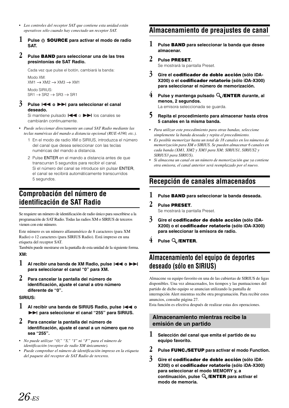 Almacenamiento de preajustes de canal, Recepción de canales almacenados, Comprobación del número de identificación de | Sat radio, Almacenamiento del equipo de deportes deseado, Sólo en sirius) | Alpine IDA-X300 User Manual | Page 126 / 146