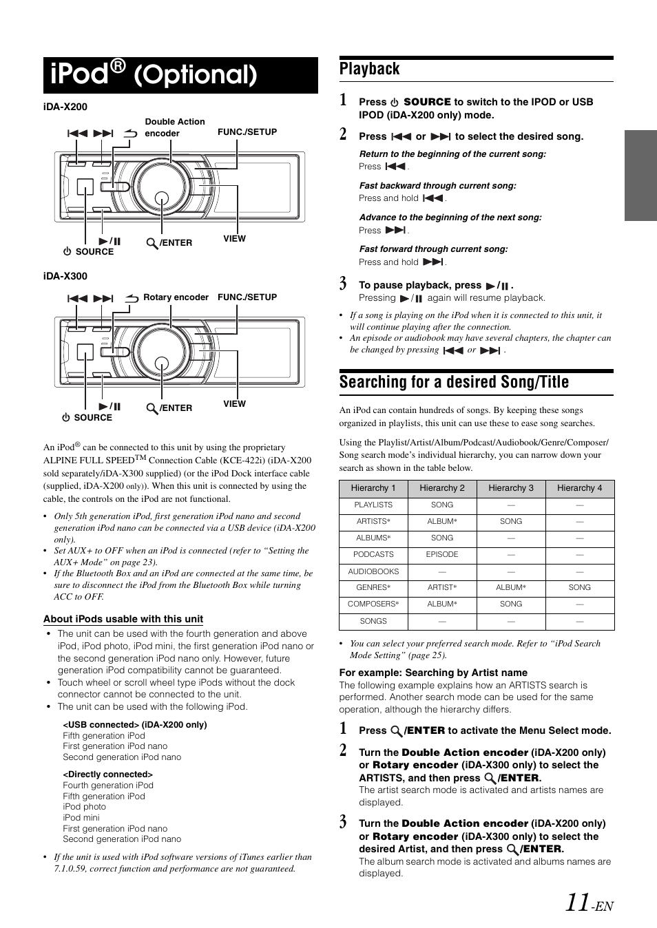 Ipod® (optional), Playback, Searching for a desired song/title | Ipod, Optional) | Alpine IDA-X300 User Manual | Page 13 / 146