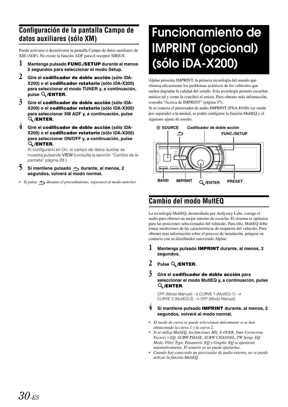 Cambio del modo multeq, Configuración de la pantalla campo de datos, Auxiliares (sólo xm) | Funcionamiento de imprint, Opcional) (sólo ida-x200) | Alpine IDA-X300 User Manual | Page 130 / 146
