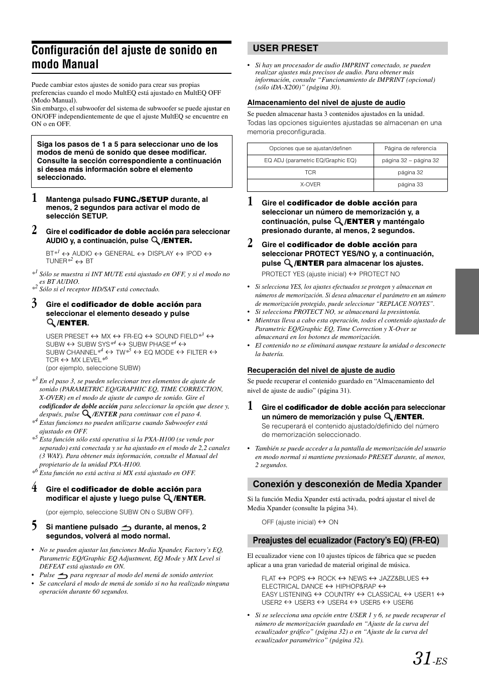 Configuración del ajuste de sonido en modo manual, User preset, Almacenamiento del nivel de ajuste de audio | Recuperación del nivel de ajuste de audio, Conexión y desconexión de media xpander, Preajustes del ecualizador (factory’s eq) (fr-eq), Configuración del ajuste de sonido en modo, Manual user preset, Almacenamiento del nivel de ajuste de, Audio | Alpine IDA-X300 User Manual | Page 131 / 146